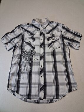 Machine Wsstern Grunge Men's Black & White Plaid Short-Sleeve Button-Up Shirt